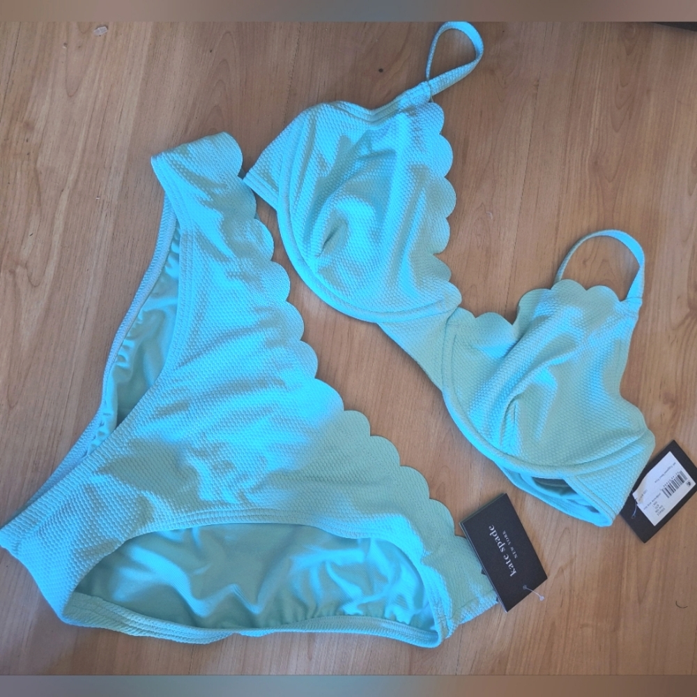 NWT Kate Spade Turquoise Scalloped Textured Underwire Bikini Top and Bottom L